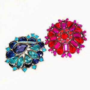 Rhinestone Brooch Pair Vintage Costume Jewelry Pins Peacock Blue Multi Colour
